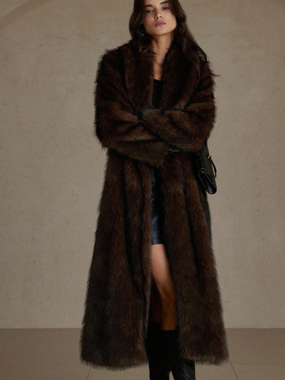 Glitz Long Brown Faux-Fur Coat